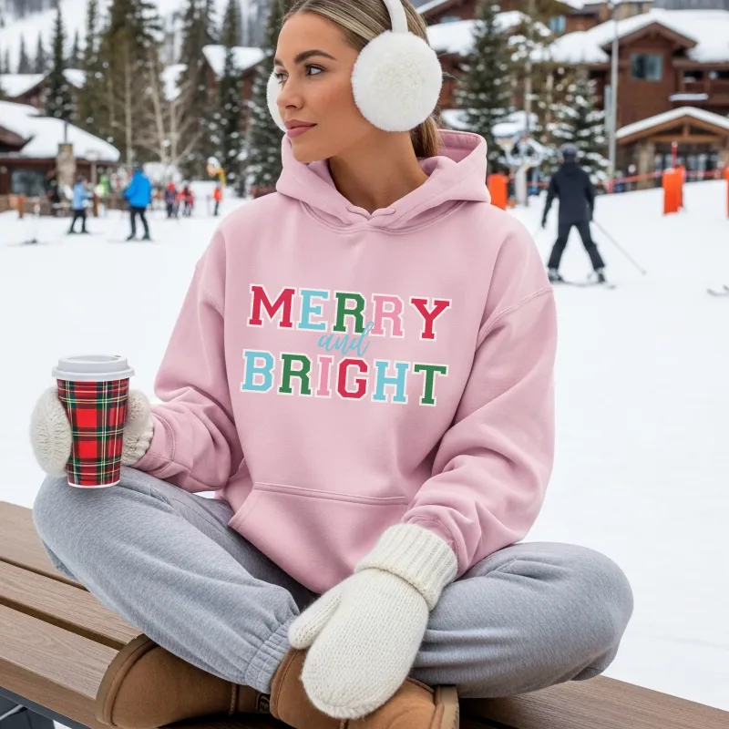 Merry And Bright Christmas Hoodie Sweatshirt Cute Holiday Graphic sold by Amazing Lace
