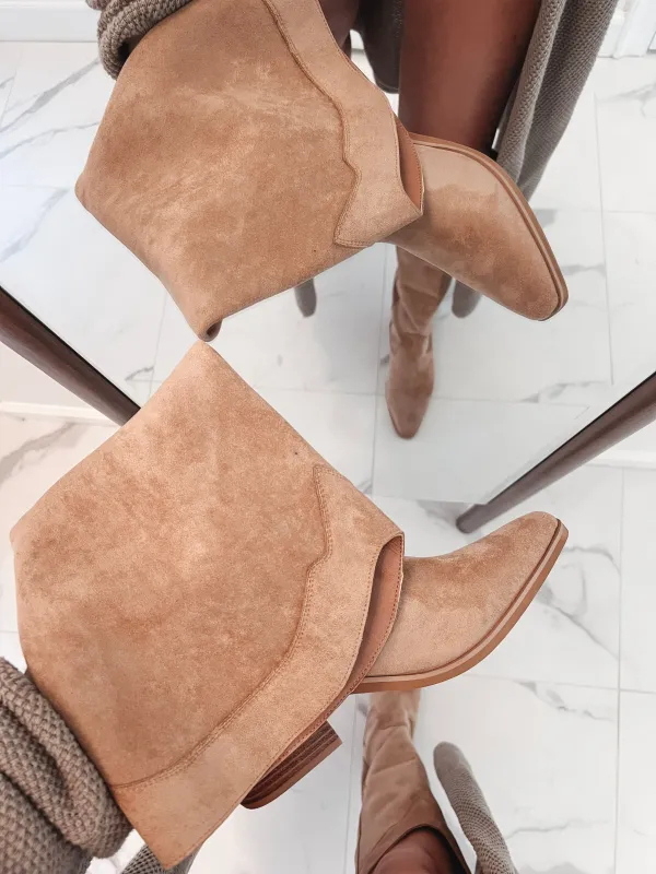 PRE-ORDER Ships 10/27 Florence Tall Suede Boot Wooden Heel Wide Calf Western Boots sold by Amazing Lace