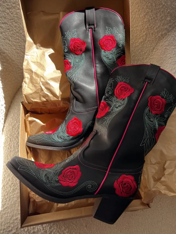 Rose Thorns Embroidered Black Cowgirl Boots sold by Amazing Lace