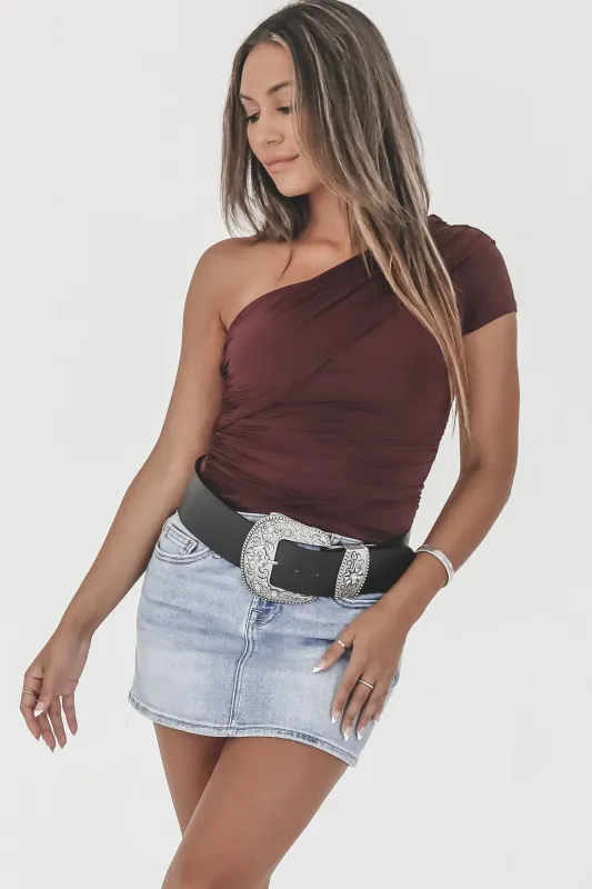 Happy Hours Black Cherry One Shoulder Top sold by Amazing Lace
