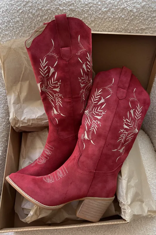 Left On Red Western Suede Embroidered Cowgirl Boots sold by Amazing Lace