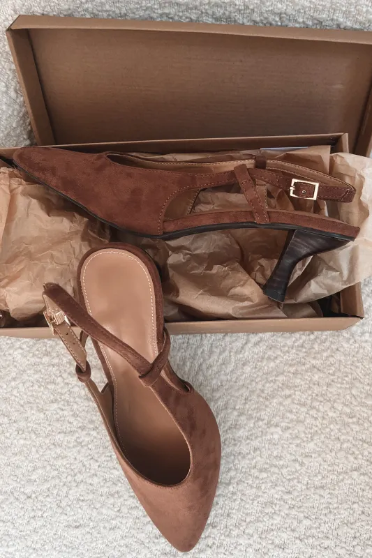 PRE-ORDER SHIPS 10/27 Sugar And Spice Brown Suede Sling Back Pointed Toe Kitten Heels sold by Amazing Lace