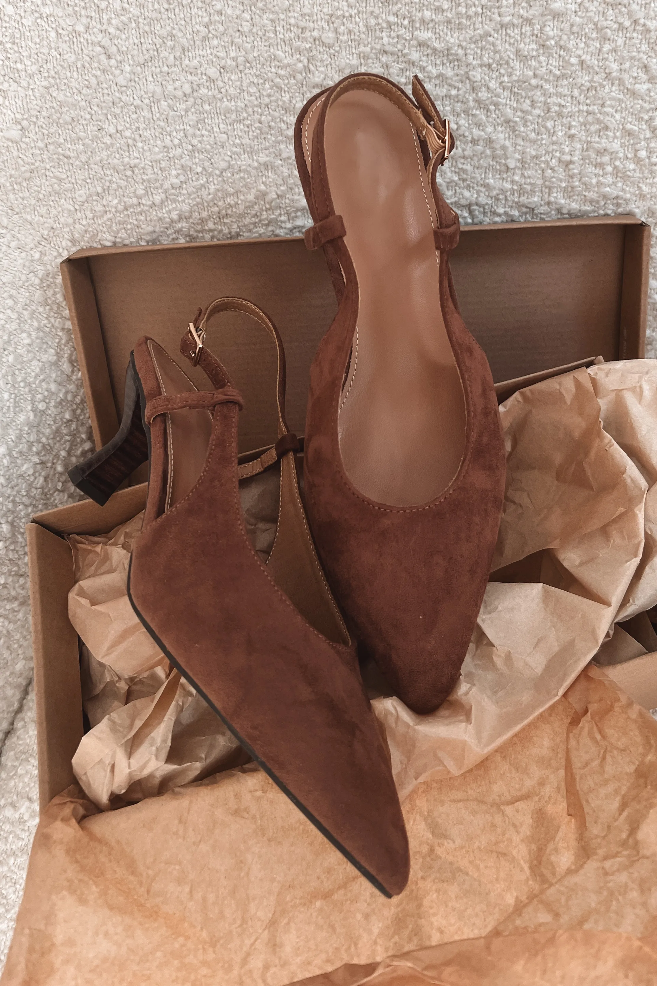 PRE-ORDER SHIPS 10/27 Sugar And Spice Brown Suede Sling Back Pointed Toe Kitten Heels sold by Amazing Lace product image thumbnail 2