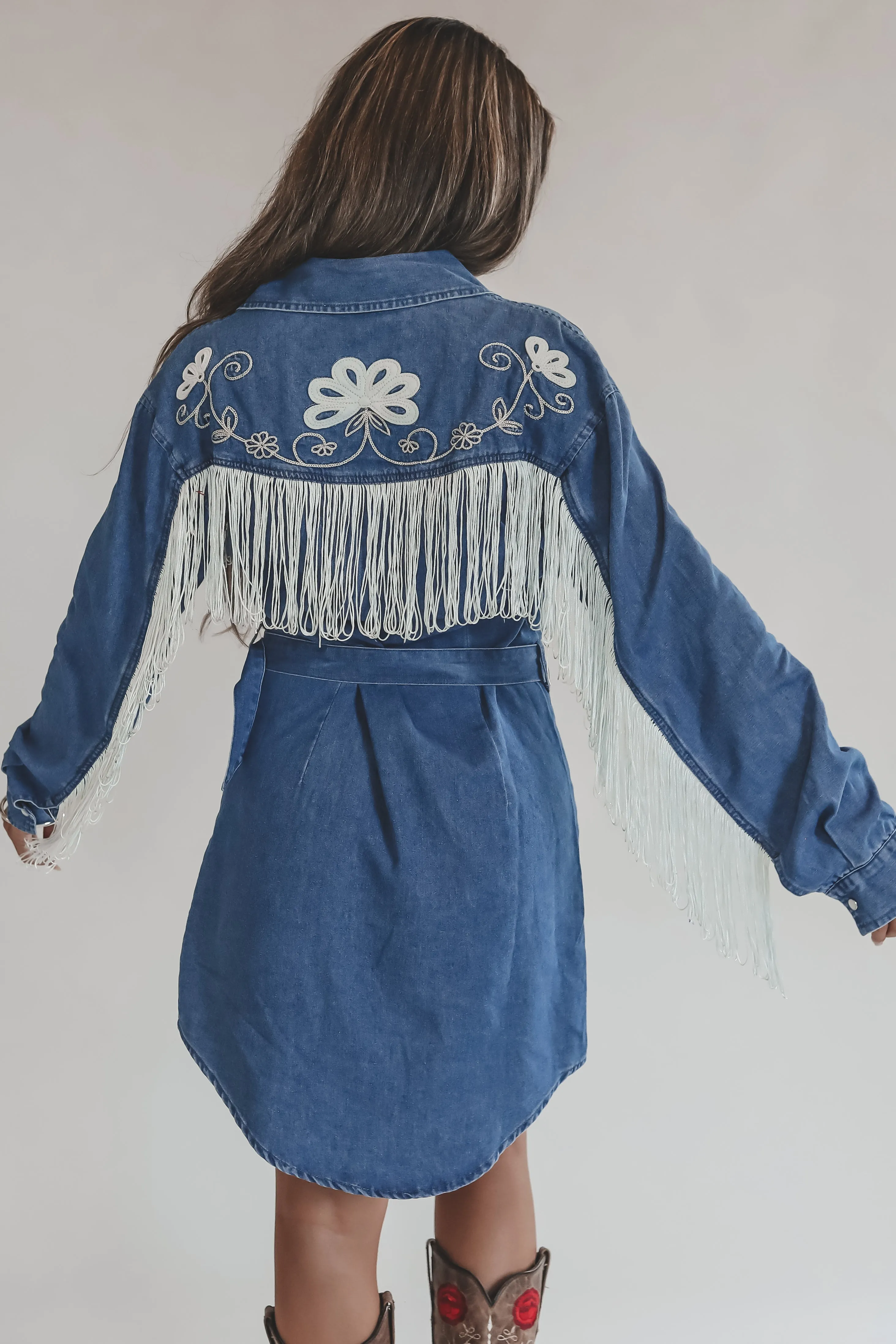 Iconic Cowgirl Denim Fringe Pearl Snap Mini Dress sold by Amazing Lace product image thumbnail 2