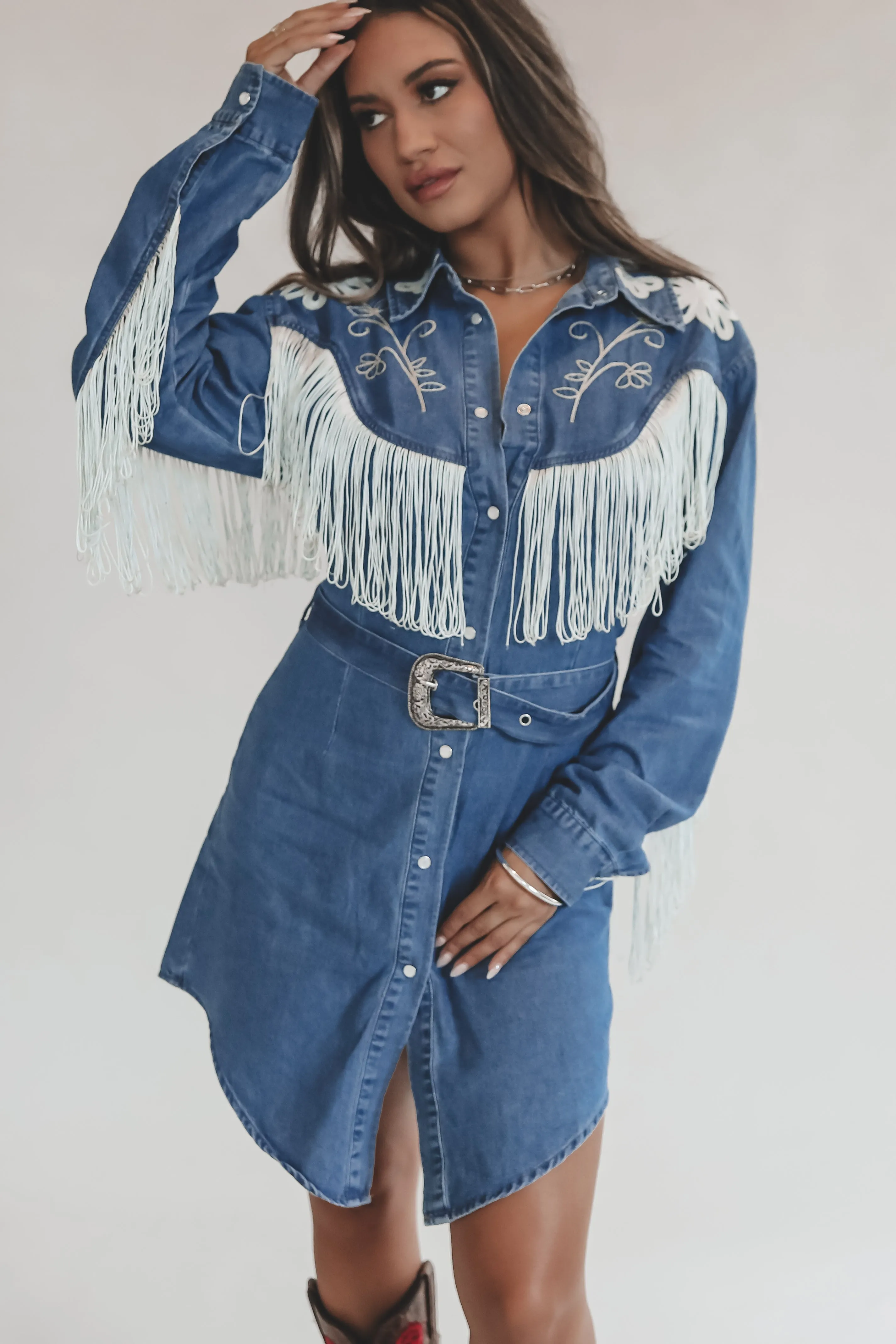 Iconic Cowgirl Denim Fringe Pearl Snap Mini Dress sold by Amazing Lace product image thumbnail 4