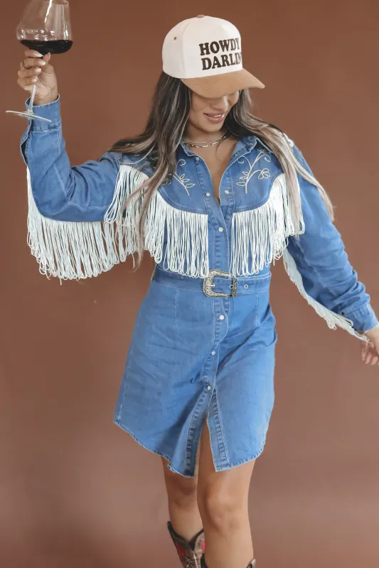 Iconic Cowgirl Denim Fringe Pearl Snap Mini Dress made by Amazing Lace