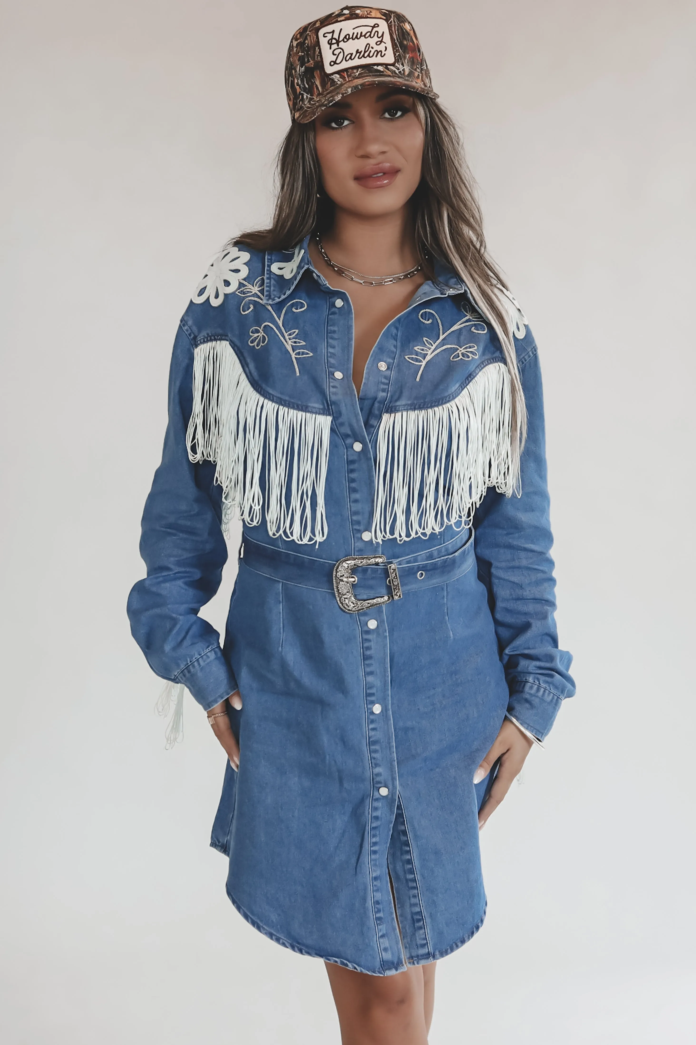 Iconic Cowgirl Denim Fringe Pearl Snap Mini Dress sold by Amazing Lace product image thumbnail 5