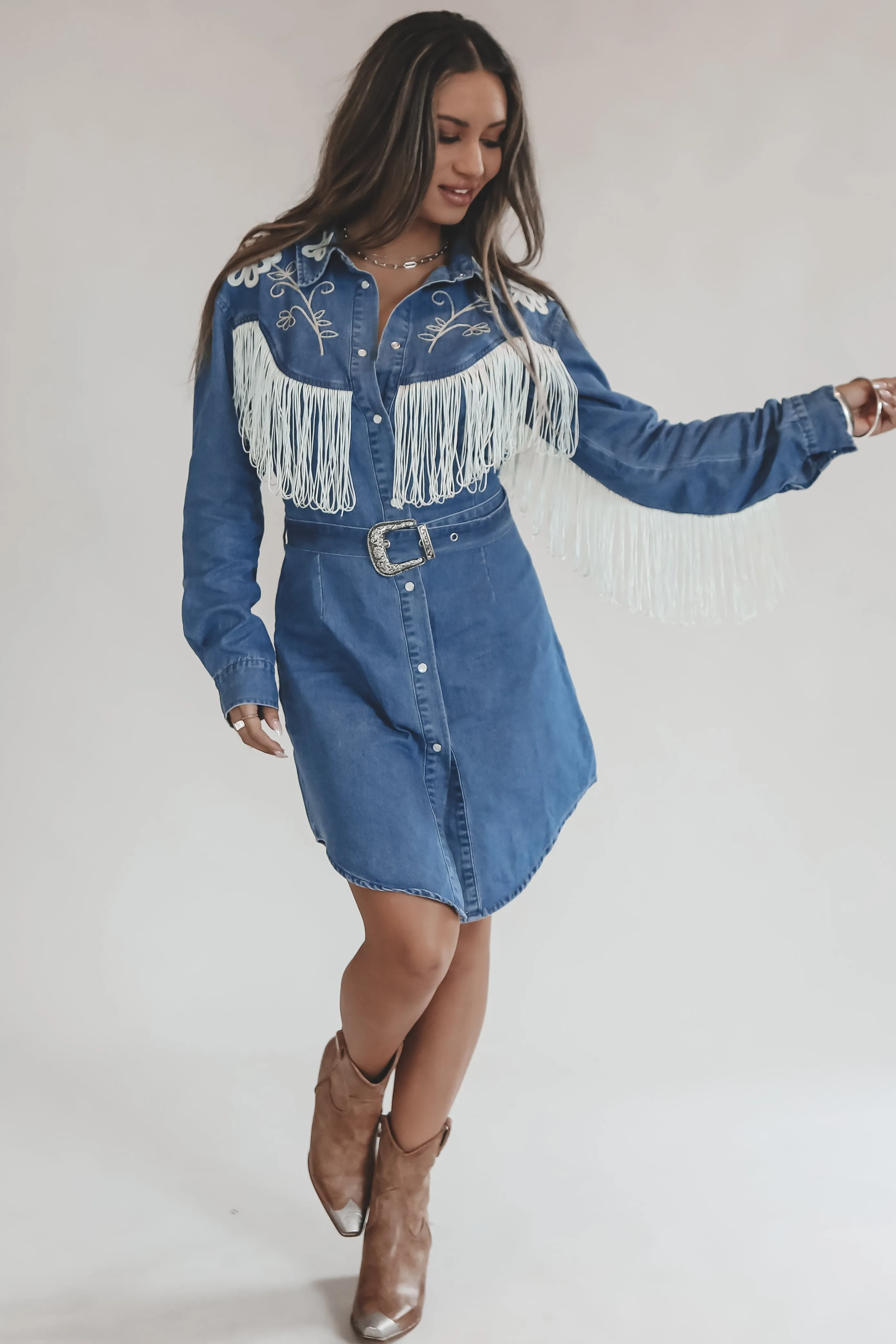 Iconic Cowgirl Denim Fringe Pearl Snap Mini Dress sold by Amazing Lace product image thumbnail 3