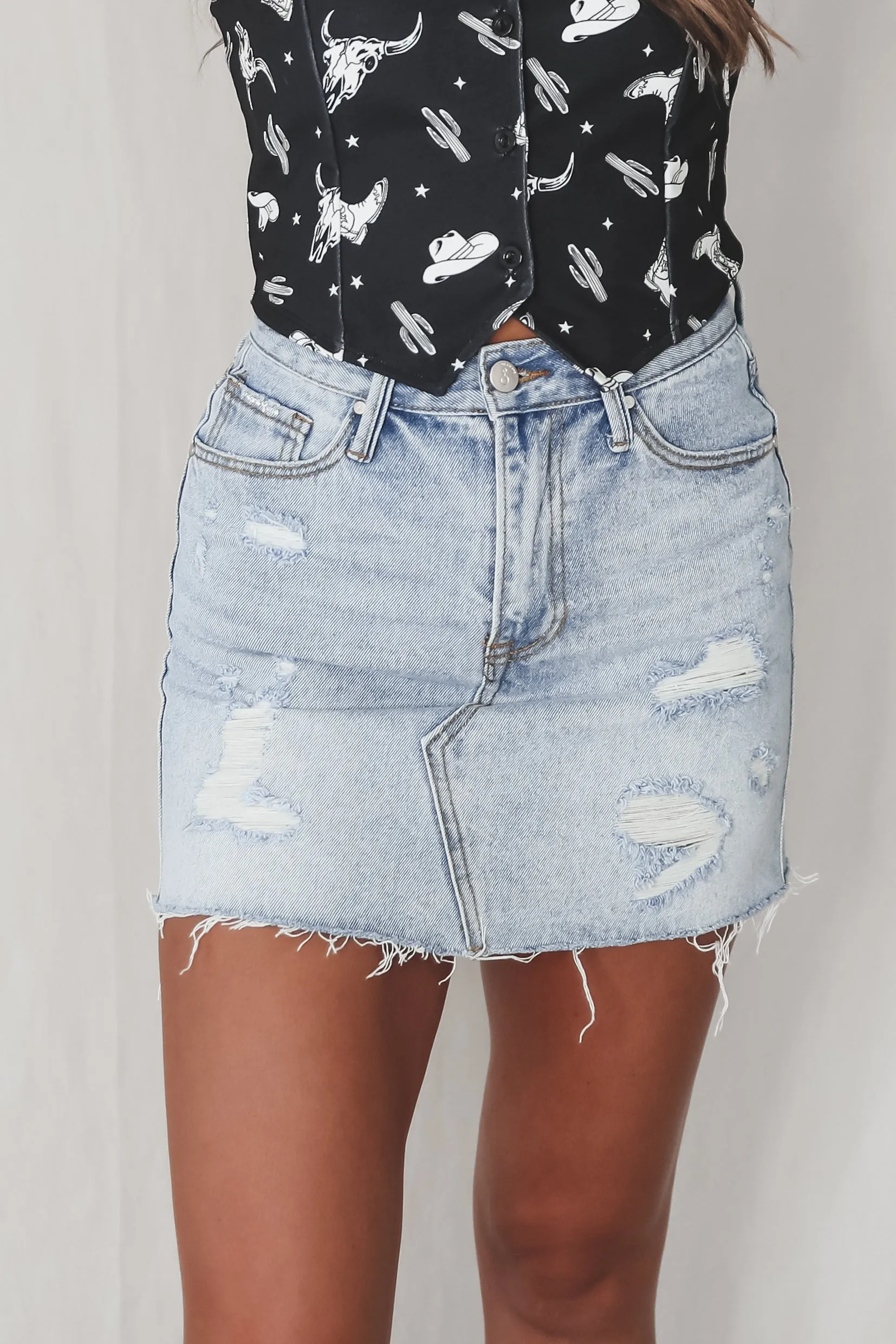 DEAL Cooler Than The Average Denim Distressed Mini Skirt sold by Amazing Lace
