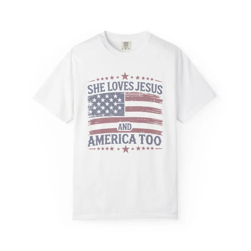 She Loves Jesus and America Too T-Shirt — Patriotic Christian Tee made by Amazing Lace