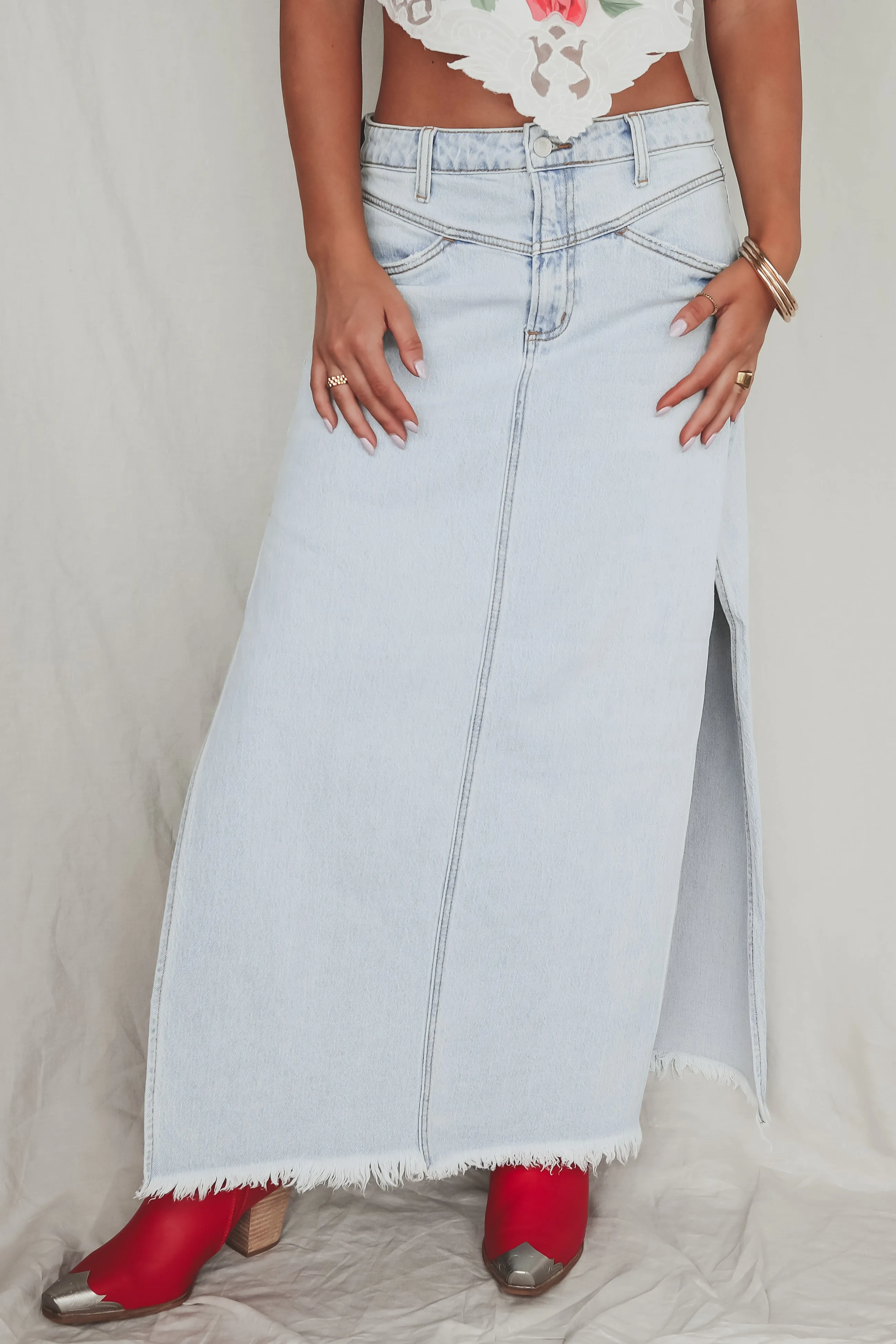 Long Hot Stunner Denim Maxi sold by Amazing Lace