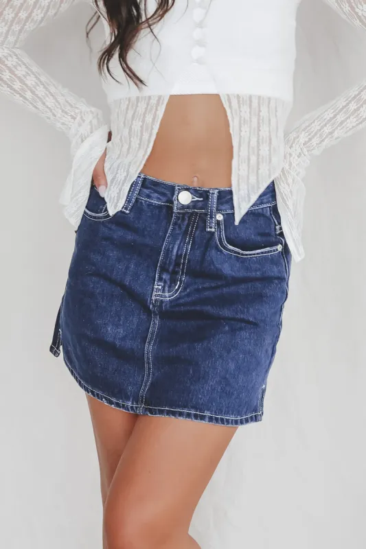 Dance You Home Dark Denim Mini Skirt sold by Amazing Lace