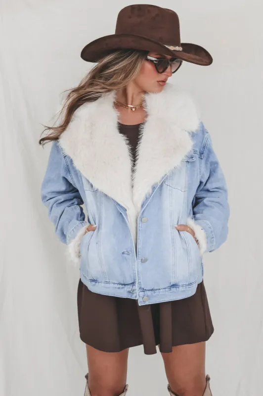 DEAL Western Glam Denim Faux Fur Coat sold by Amazing Lace