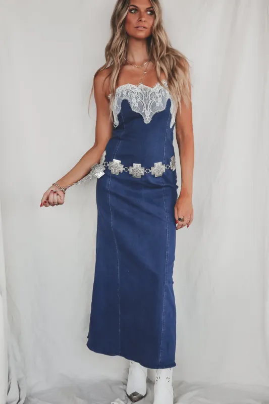 DEAL Cowgirl Cocktail Denim Lace Maxi Dress sold by Amazing Lace