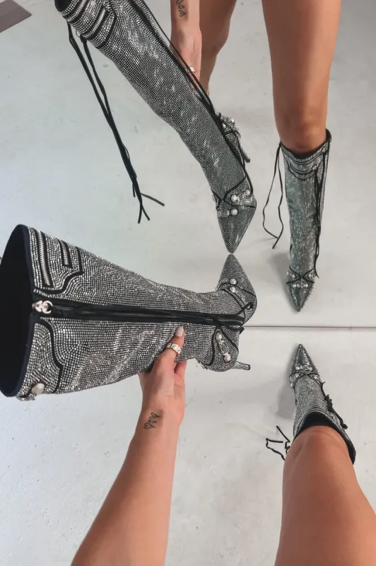 DEAL She Even Badder Silver Studded Stiletto Boots sold by Amazing Lace
