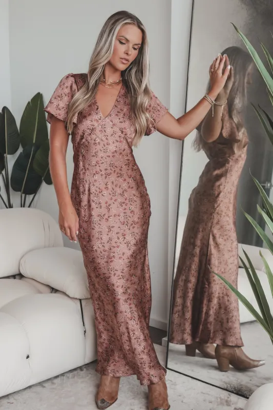 Heart Skips A Beat Flutter Sleeve Satin Maxi Dress sold by Amazing Lace