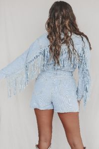 DEAL A Match Made In Heaven Denim Fringe Romper sold by Amazing Lace