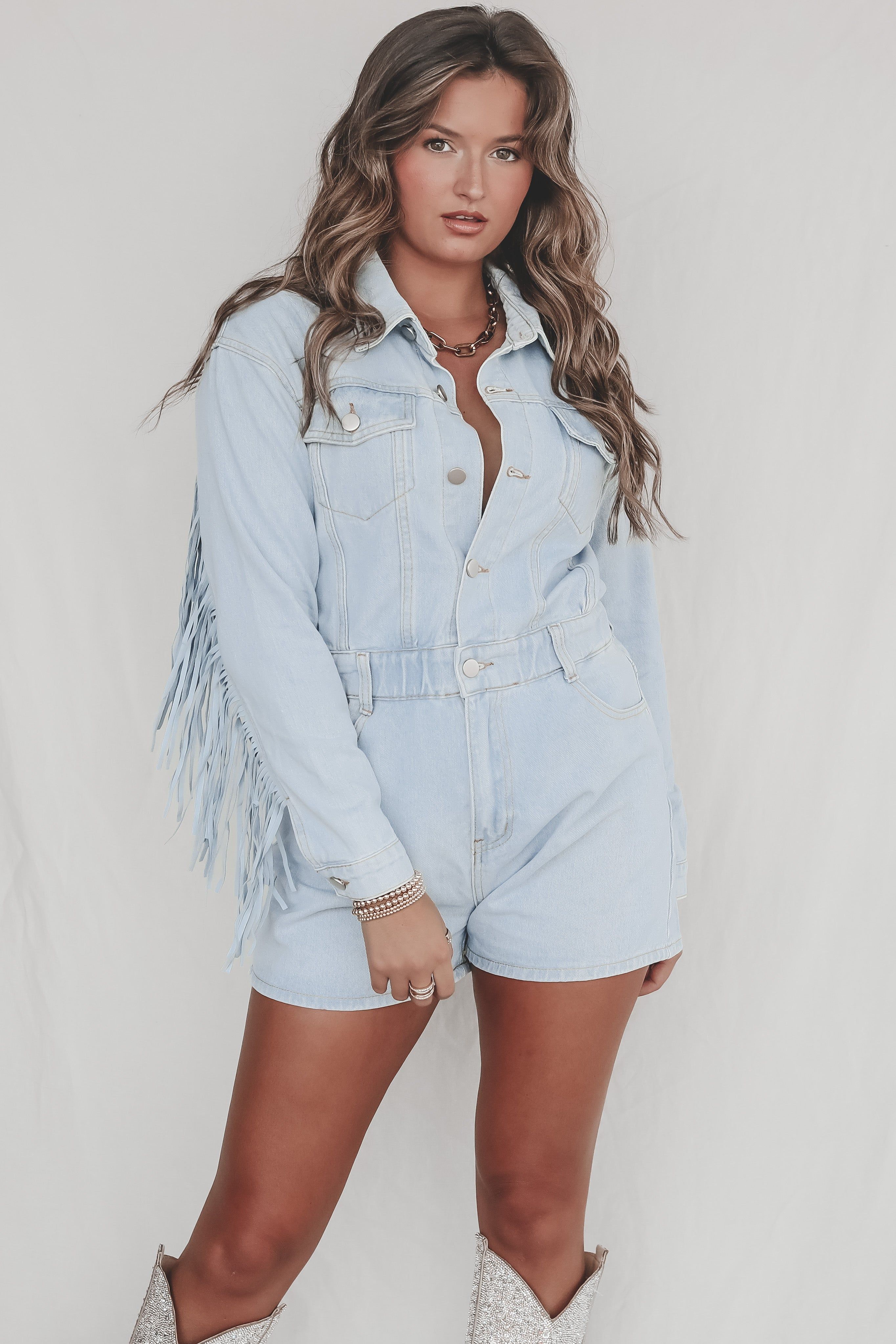 DEAL A Match Made In Heaven Denim Fringe Romper sold by Amazing Lace product image thumbnail 4