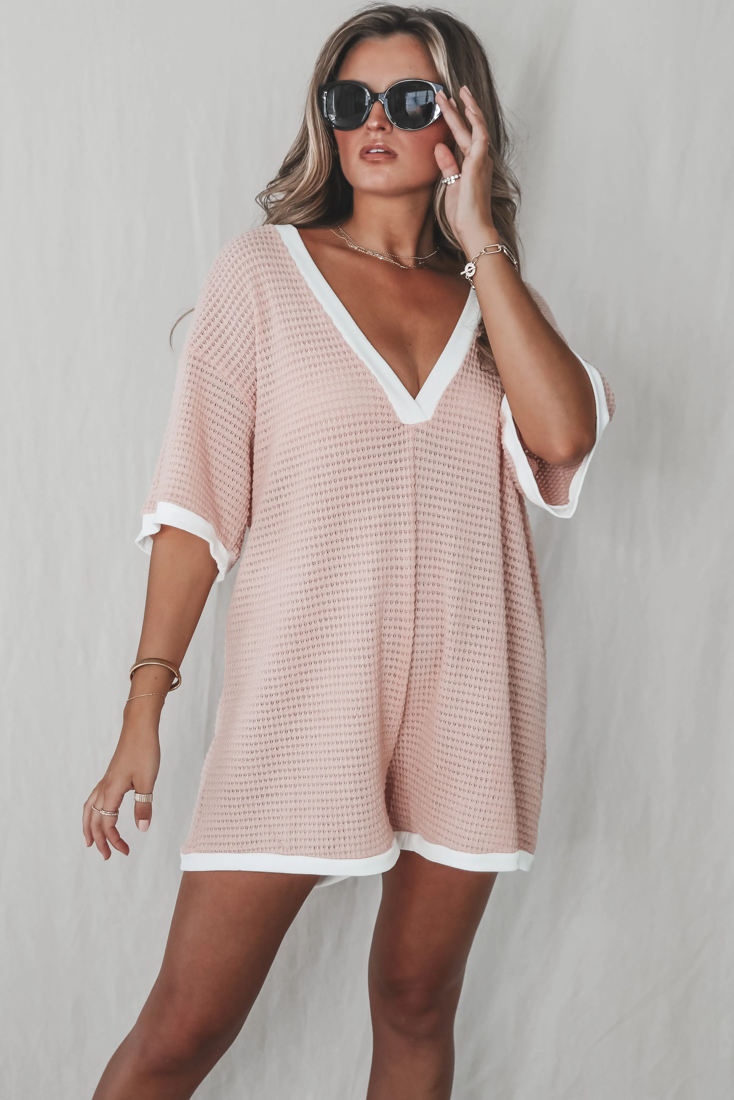 On My Mind Rose Waffle Knit Deep V Romper sold by Amazing Lace product image thumbnail 5