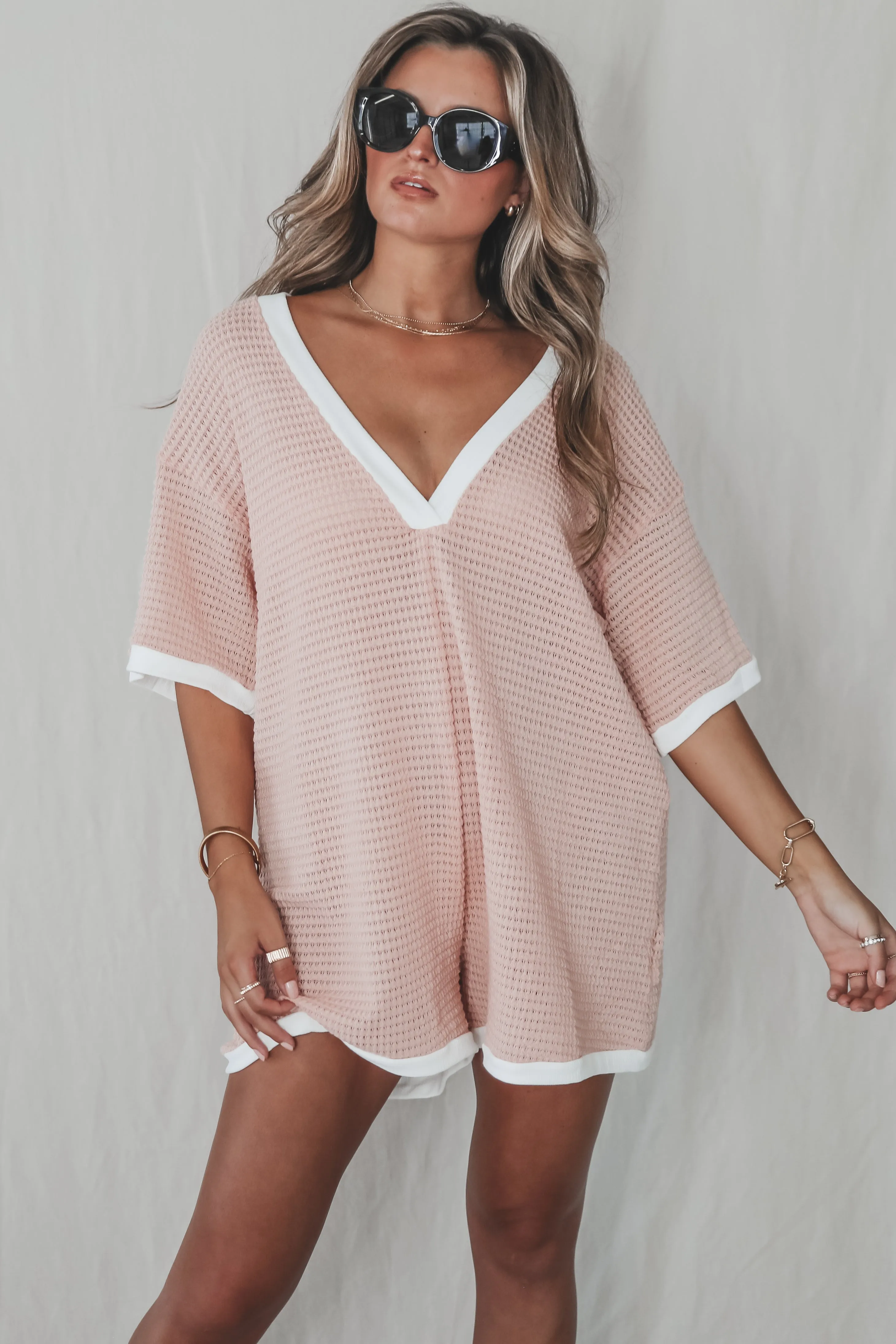 On My Mind Rose Waffle Knit Deep V Romper sold by Amazing Lace