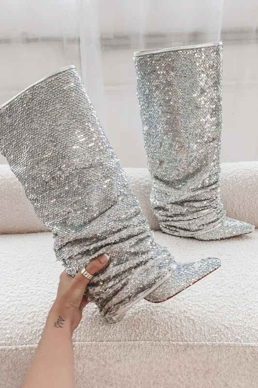 DEAL Show Out Queen Silver Sequins Boots sold by Amazing Lace