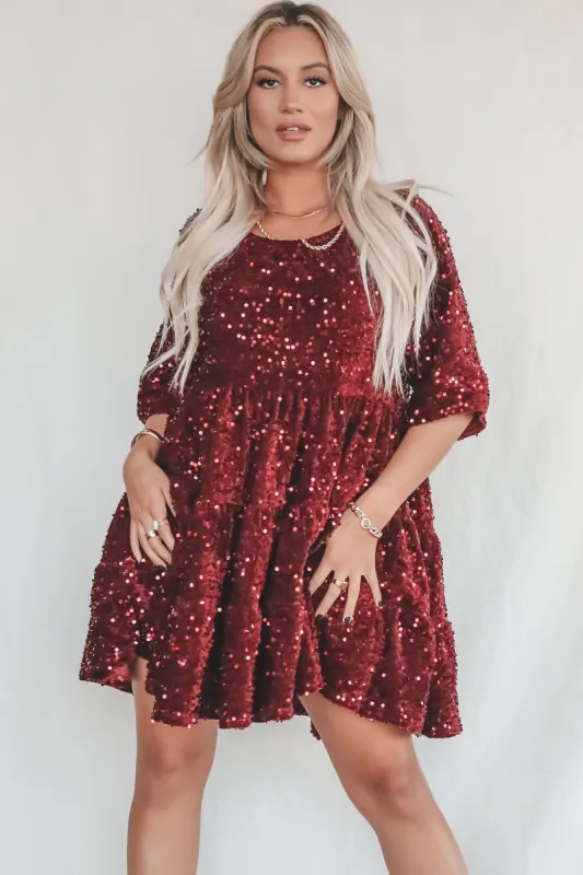 DEAL A Velvet Queen Sequin Burgundy Babydoll Dress sold by Amazing Lace