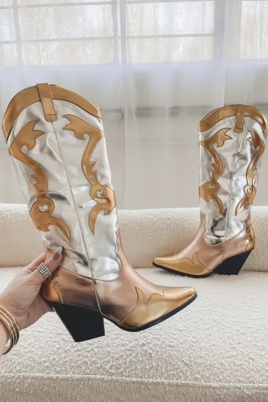 Eye On The Prize Gold Silver Metallic Boots sold by Amazing Lace