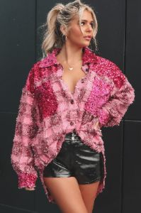 In My Party Girl Era Pink Sequin Shacket sold by Amazing Lace
