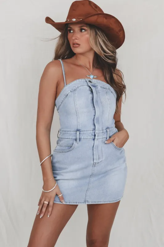 Dress Me Up Denim Mini Dress sold by Amazing Lace