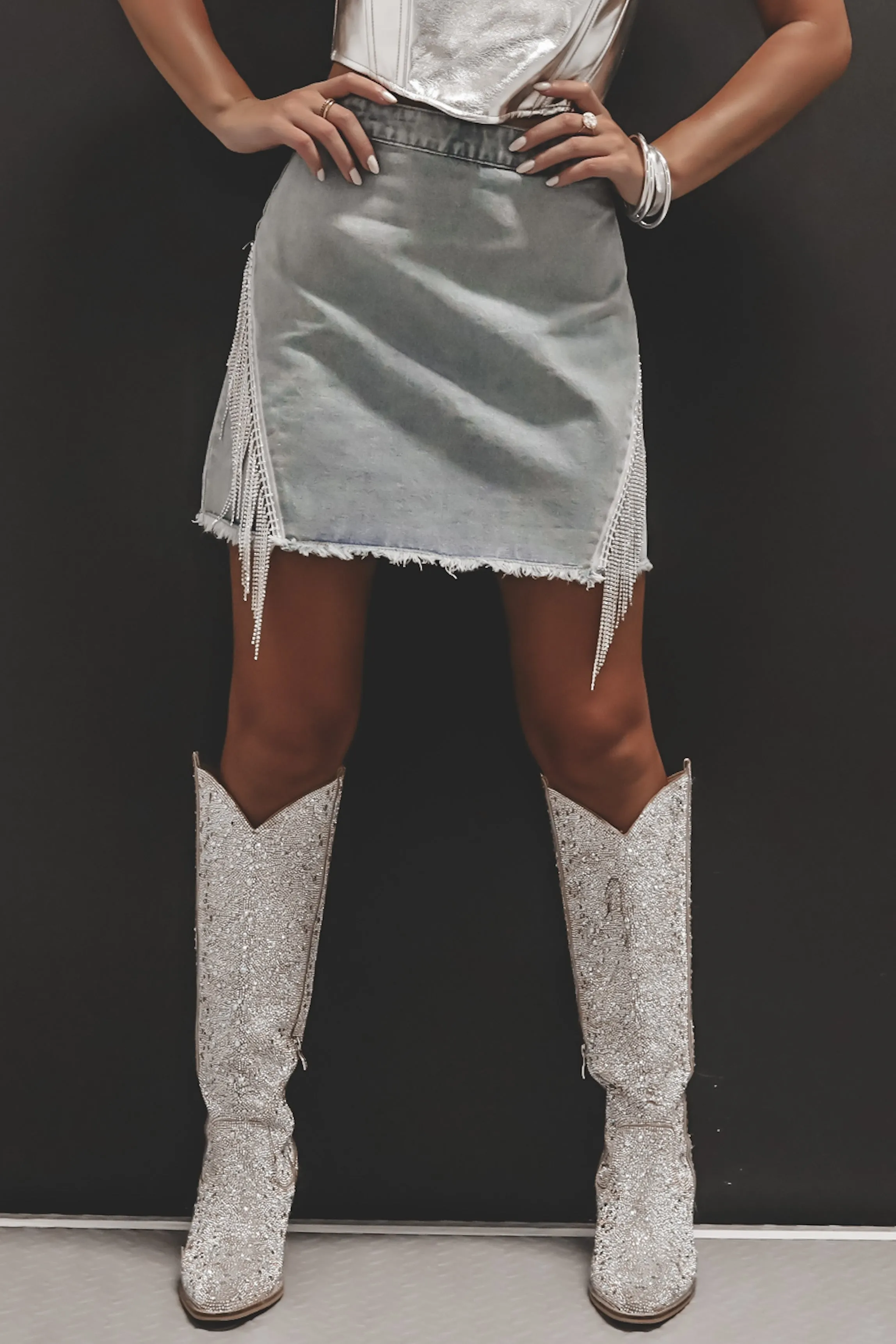 DEAL Denim With A Touch Of Rhinestone Fringe Skirt sold by Amazing Lace product image thumbnail 3