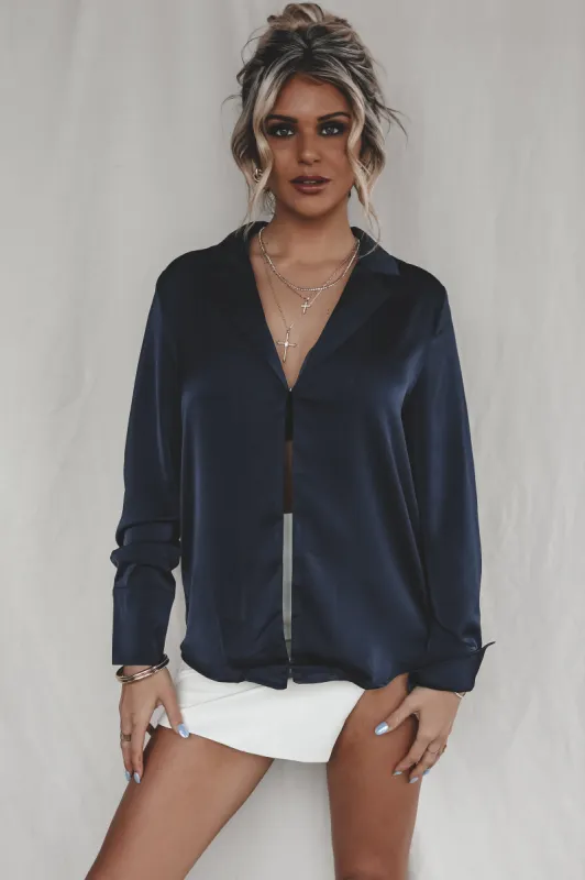 DEAL Nice To Meet You Navy Satin Top sold by Amazing Lace