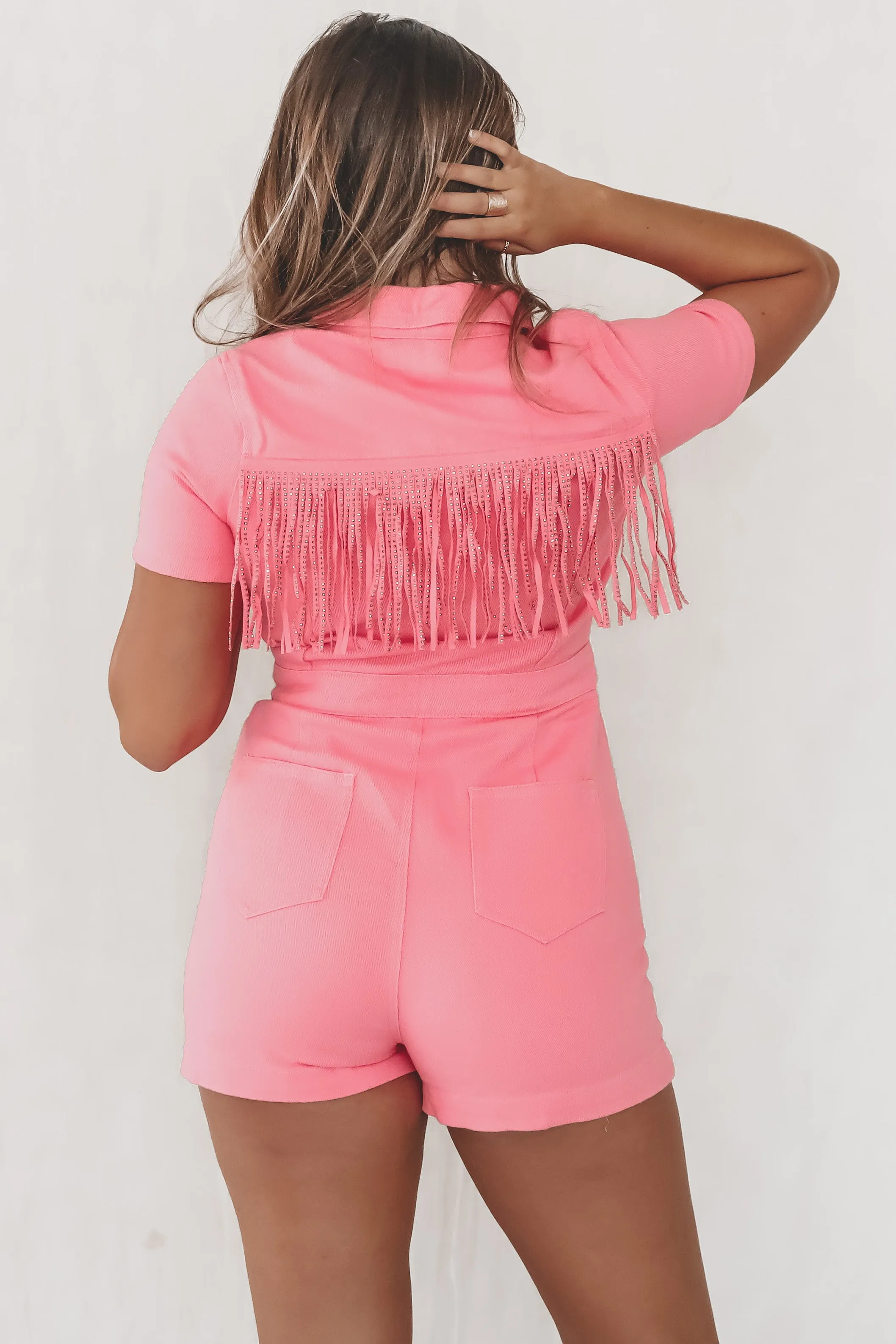 DEAL Pink Is The New Party Denim Fringe Romper sold by Amazing Lace product image thumbnail 2