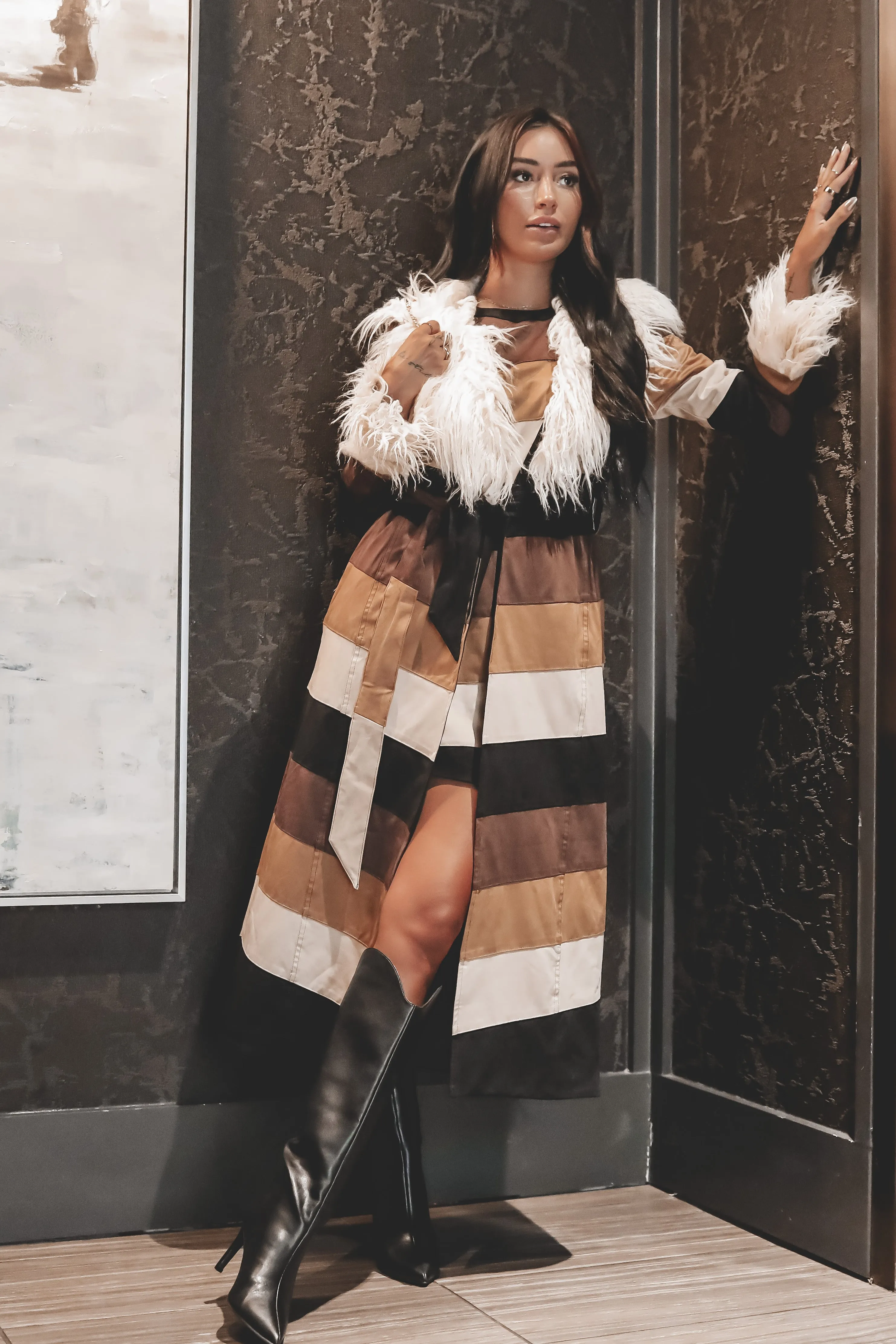 SHOW ME YOUR MUMU Penny Lane Long Coat - Faux Suede Chevron w/ Faux Fur sold by Amazing Lace product image thumbnail 2