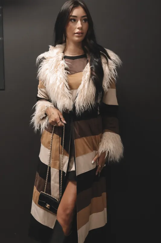 SHOW ME YOUR MUMU Penny Lane Long Coat - Faux Suede Chevron w/ Faux Fur sold by Amazing Lace