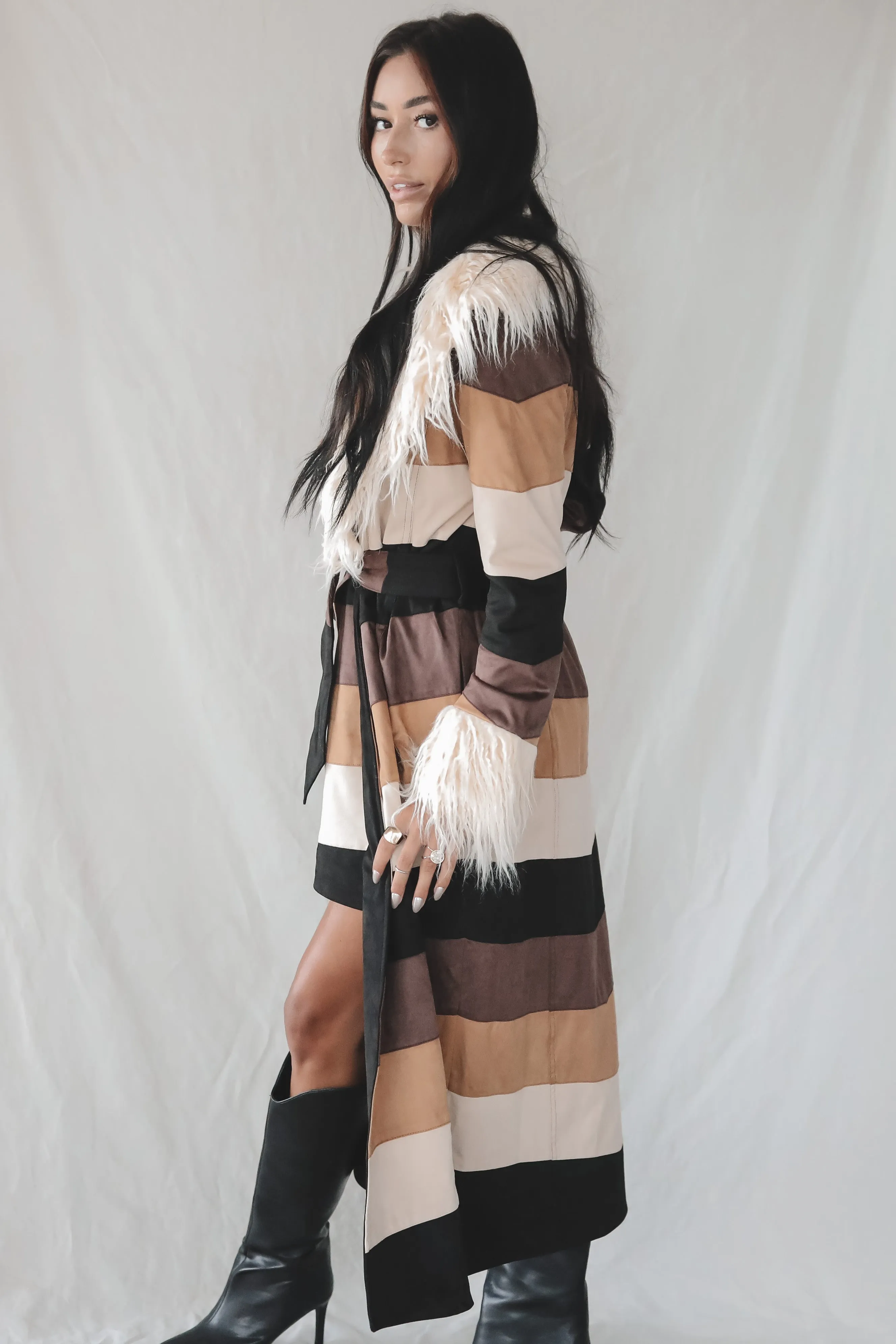 SHOW ME YOUR MUMU Penny Lane Long Coat - Faux Suede Chevron w/ Faux Fur sold by Amazing Lace product image thumbnail 4