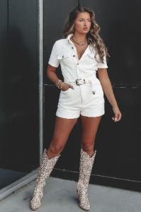 Denim Looks Good On You White Denim Romper sold by Amazing Lace
