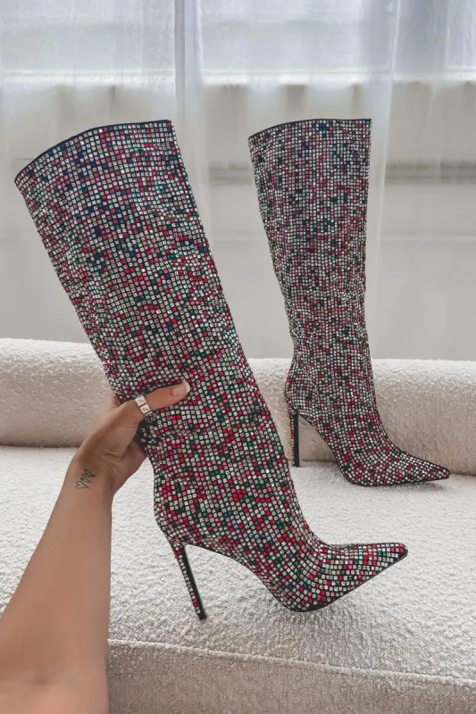 DEAL Disco Is The Theme Multi Color Studded Stiletto Boots sold by Amazing Lace