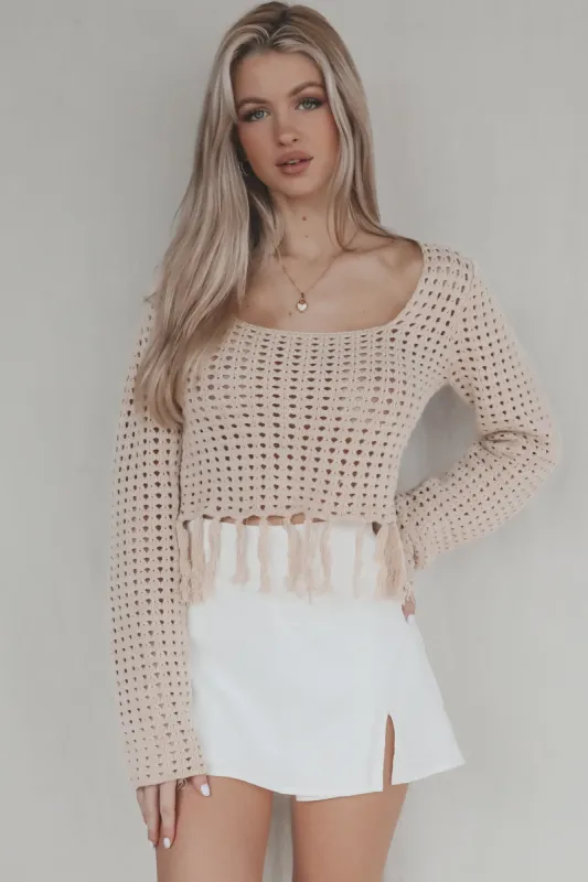 DEAL Working On My Taupe Crochet Knit Top sold by Amazing Lace
