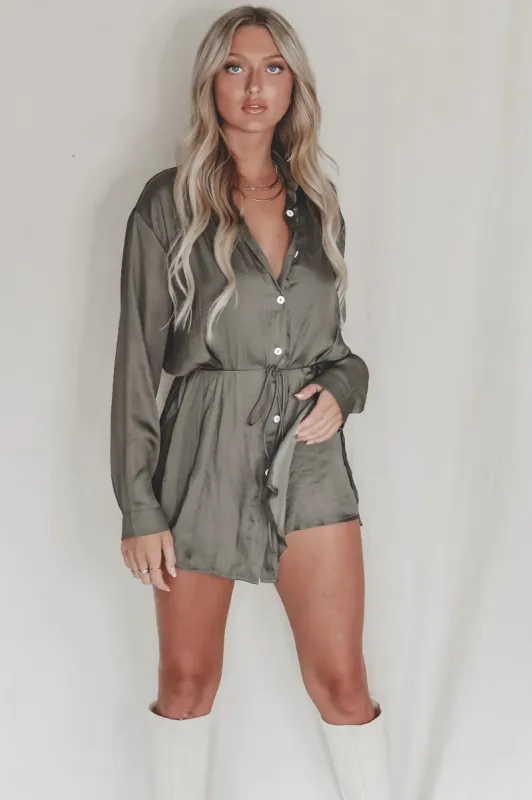 So Here For This Satin Button Up Romper sold by Amazing Lace