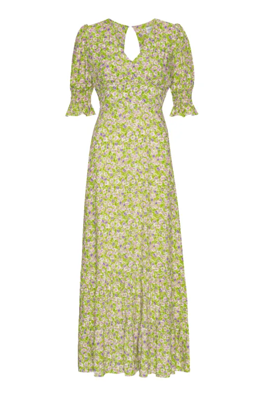 Koko Dress Long Open Back Green Purple Flower sold by Americandreams