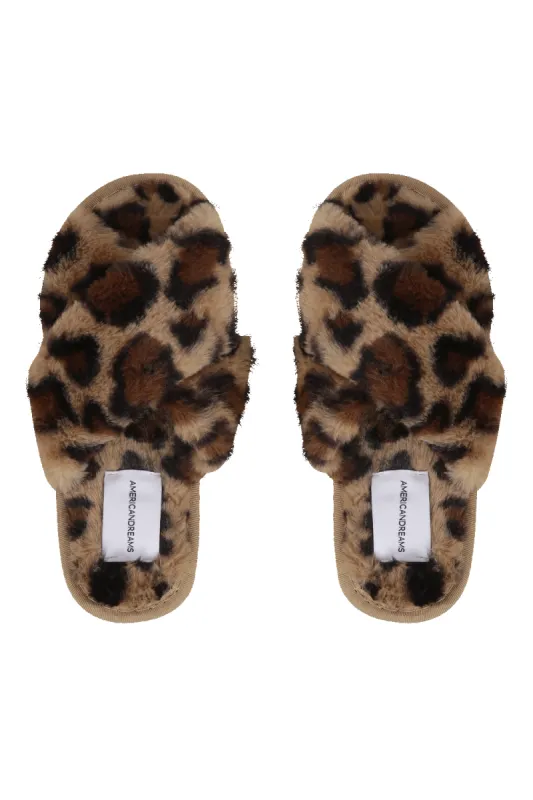 Lou Faux Fur Slippers Brown Leo sold by Americandreams