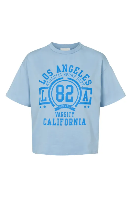 T-Shirt Cropped Light Blue LA California Cotton Tee W/Blue Letters sold by Americandreams