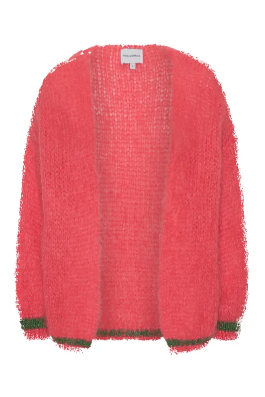 Olivia Mohair Cardigan Coral Red W/Jade Green Lurex sold by Americandreams