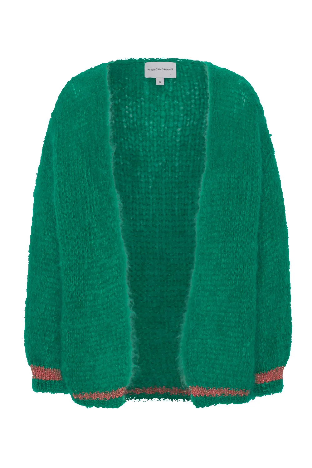 Olivia Mohair Cardigan Jade Green W/Coral Red Lurex sold by Americandreams