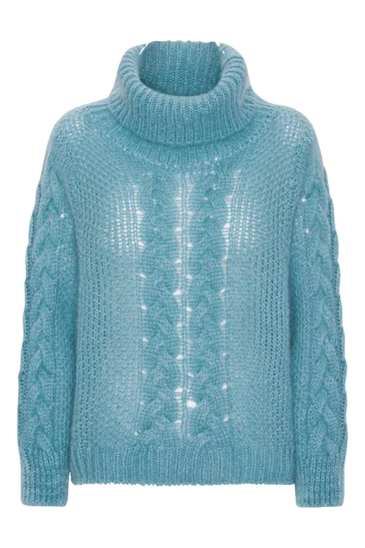 Minella Roll Neck Cable Knit Pullover Turquoise - Sample made by Americandreams