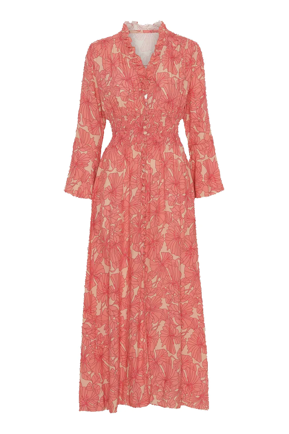 Sally Long Dress Coral Red Printed - Sample sold by Americandreams