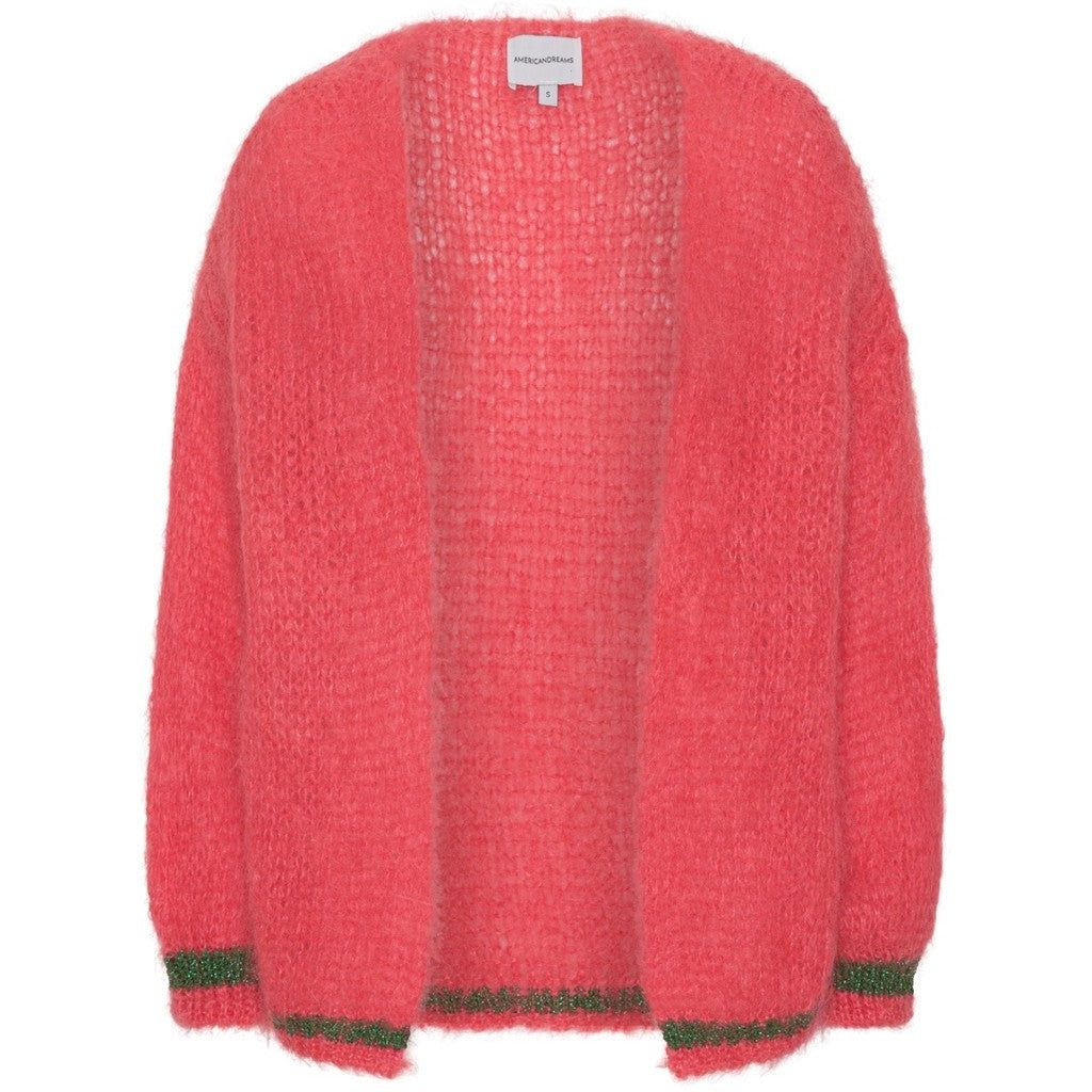 Olivia Mohair Cardigan - Coral Red W/Jade Green Lurex sold by American Dream