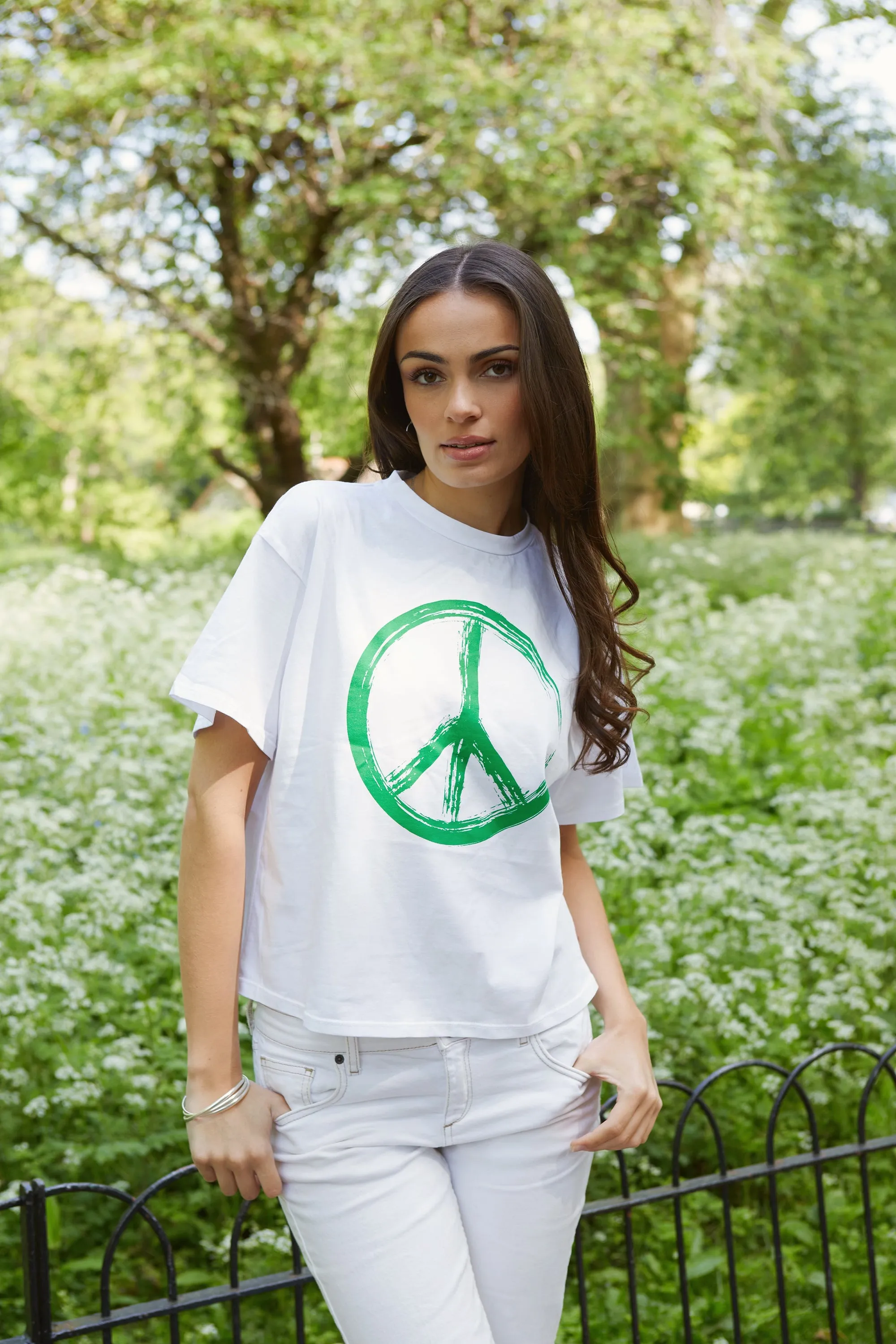 T-Shirt Cropped White Peace Cotton Tee W/ Green Letters sold by Americandreams product image thumbnail 2