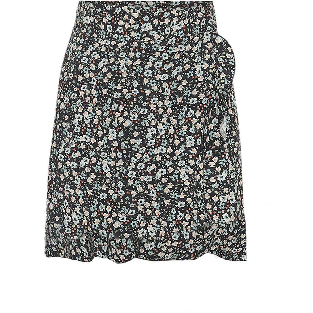 Milly Wrap Skirt Short - Black/Blue Flower sold by American Dream