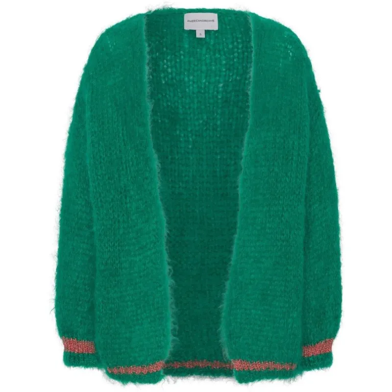 Olivia Mohair Cardigan - Jade Green W/Coral Red Lurex sold by American Dream
